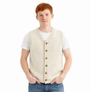 Hand Knit Cream Wool Sweater Vest Sleeveless Wood Buttons Mens Size Small 36"